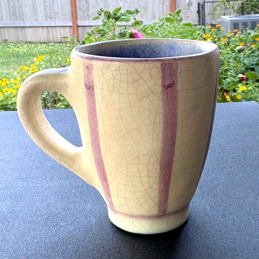 Studio Pottery Crackle Glaze Mug Cream Purple Striped Blue Interior Artisan